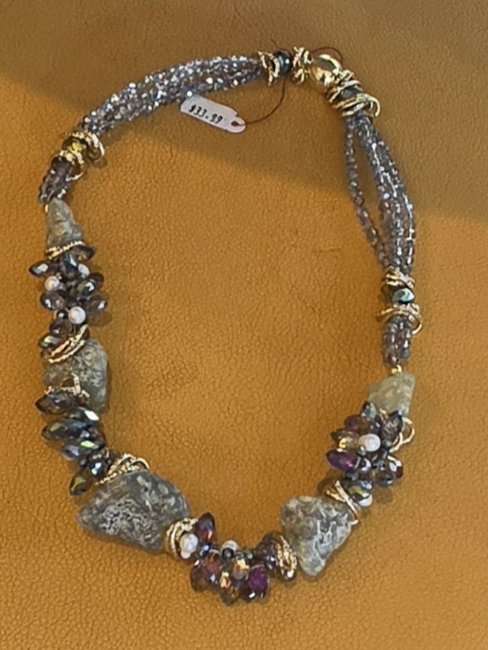 Purple and Gray Beaded Statement Necklace with Gold Accents